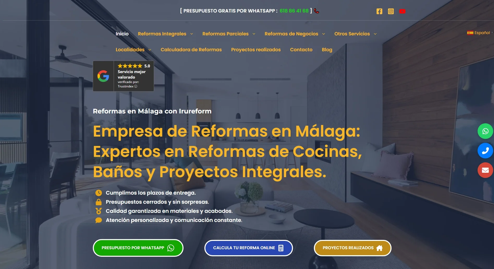 Captura de la página principal del sitio web IruReform, empresa de reformas en Málaga con diseño optimizado y estructura SEO en desarrollo