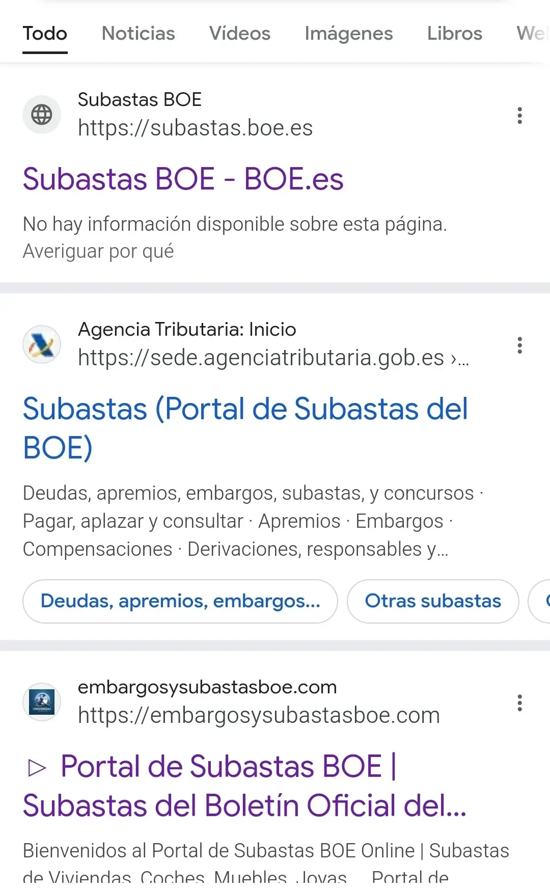 Captura de posicionamiento web en tercera posición en Google para la palabra clave Subastas BOE – Proyecto SEO informacional