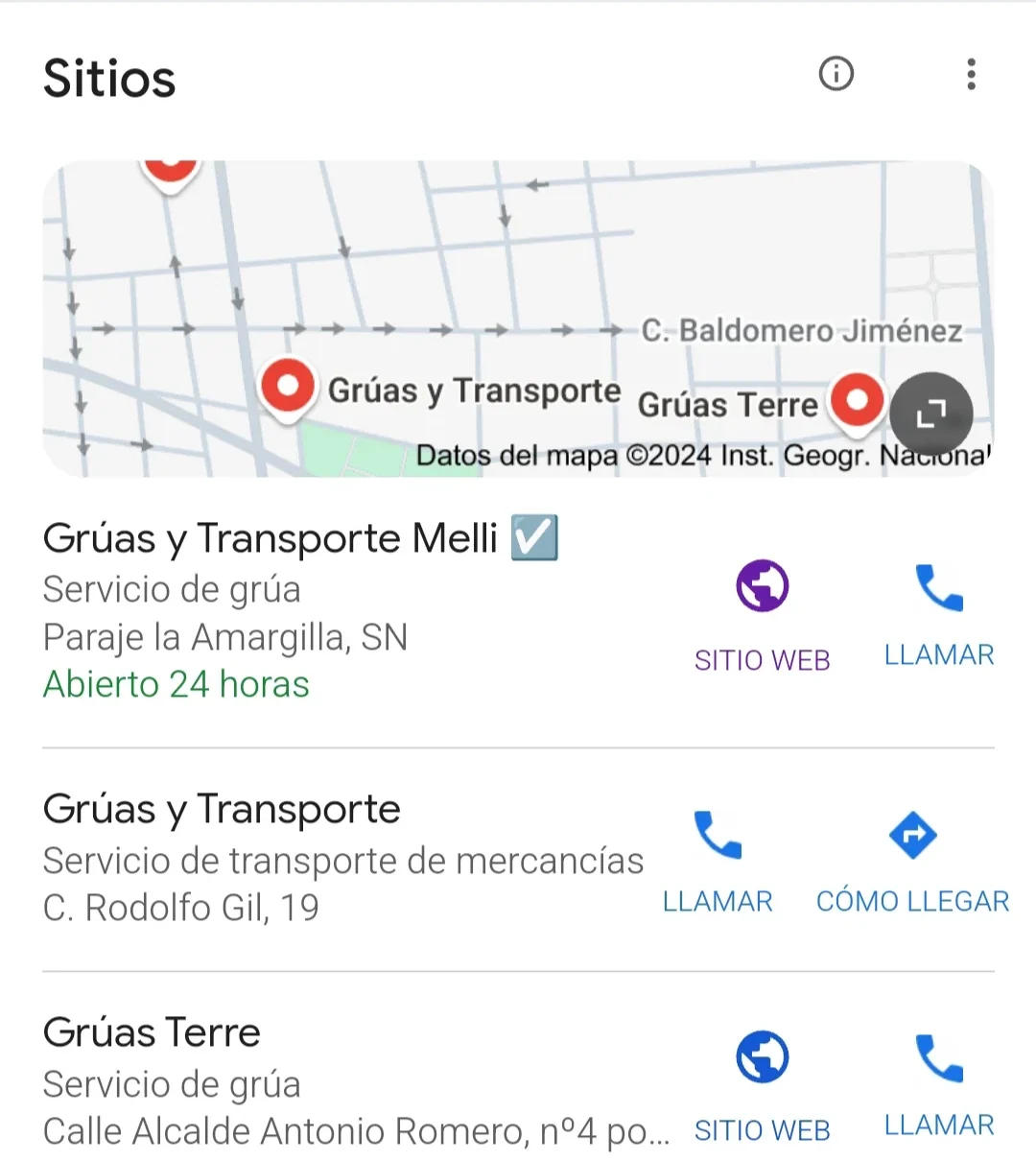 Ficha de Google optimizada para TransMelliGrúas en Puente Genil mostrando visibilidad destacada entre empresas de grúas locales