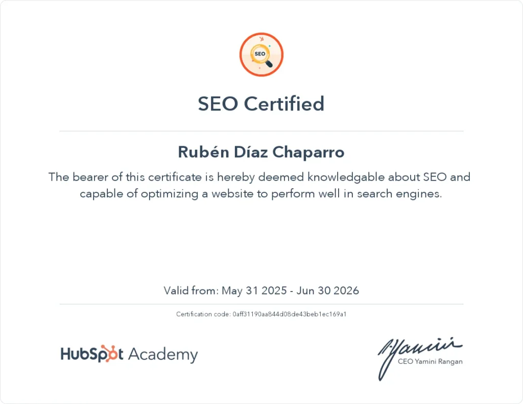 Certificado avanzado SEO II – HubSpot Academy – Rubén Díaz Chaparro