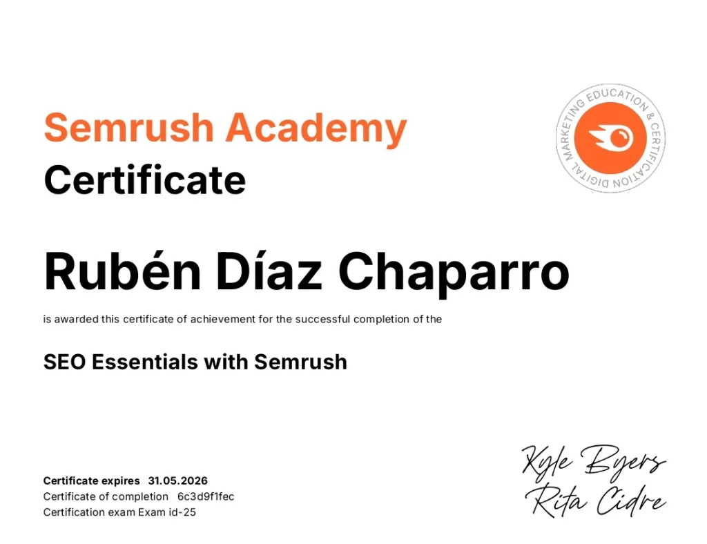 Certificado SEO Essentials con Semrush Academy – Rubén Díaz Chaparro