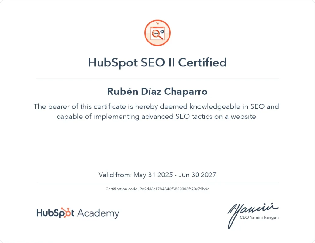 Certificado oficial de HubSpot en SEO – Rubén Díaz Chaparro