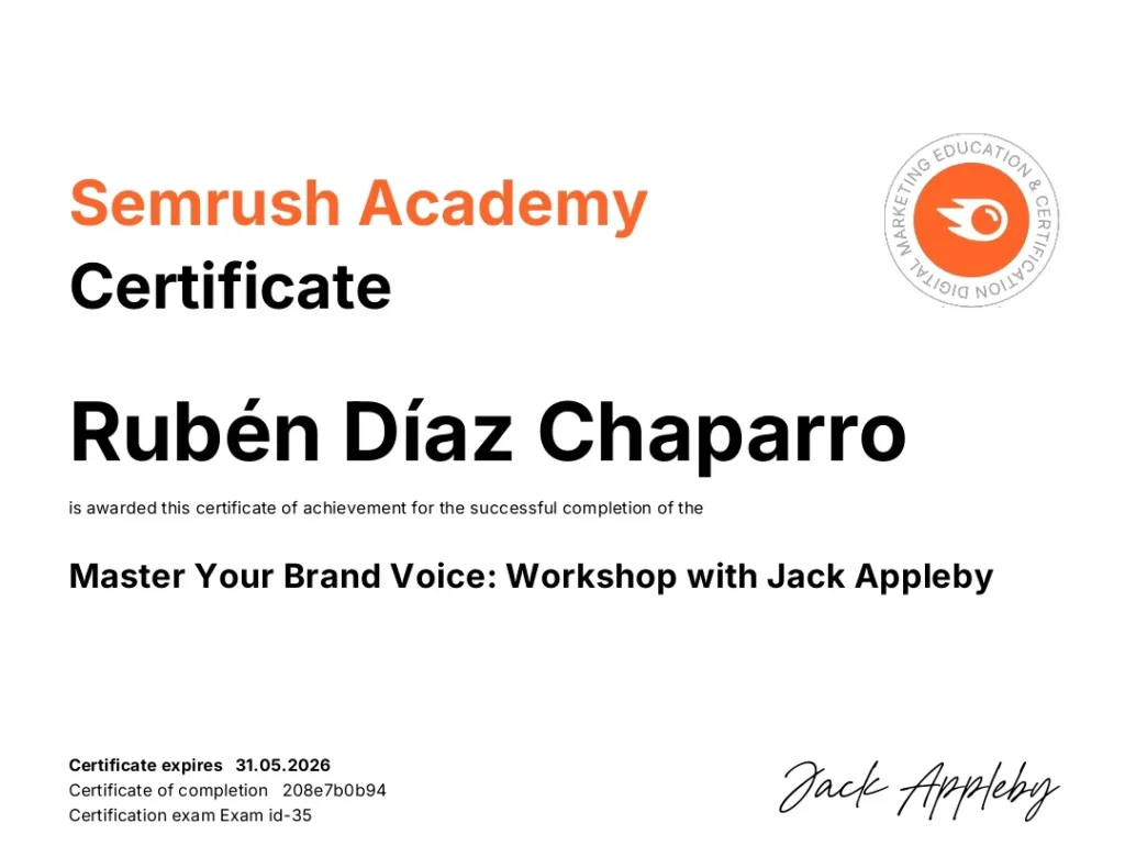 Certificado de voz de marca – Semrush con Jack Appleby – Rubén Díaz Chaparro