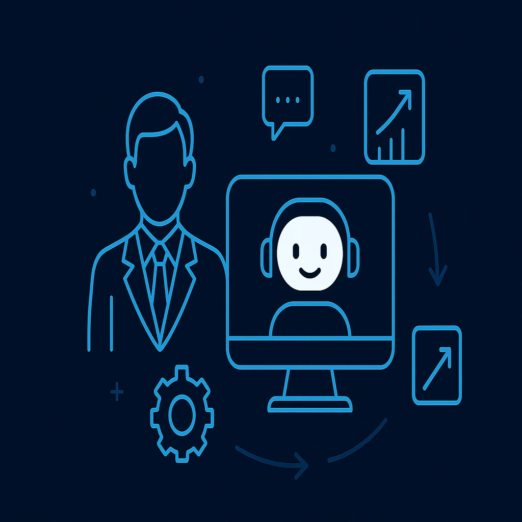 Empresario junto a agente IA en monitor representando automatización con IA para empresas.